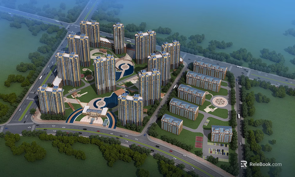 Modern High Rise Residential Buildings With Green Areas Central Square and Surrounding Roads 3d model 