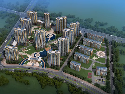 Modern High Rise Residential Buildings With Green Areas Central Square and Surrounding Roads 3d model