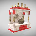 Traditional Pooja Mandir Cabinet With Red Gold Decor Golden Spires And Intricate Carvings