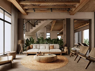 Modern Living Dining Room Open Concept With Natural Light Sofa Woven Rug Wooden Coffee Table Armchairs Greenery 3d model