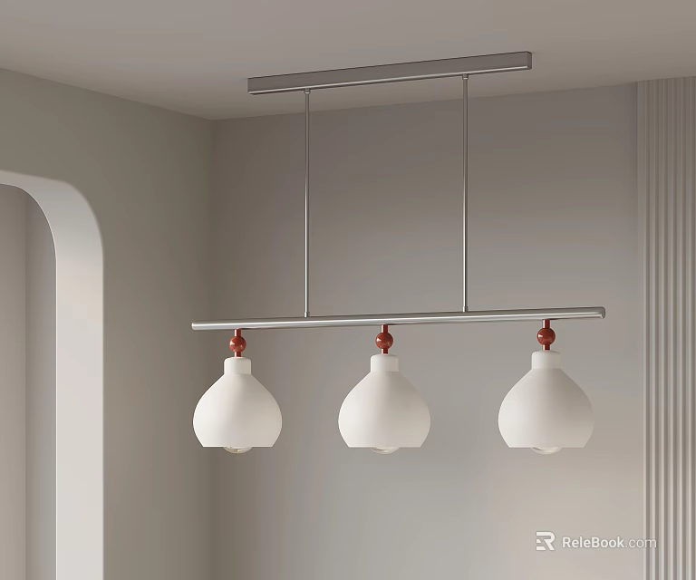 Modern Three Pendant Chandelier With White Shades And Metal Bar In Interior Space 3d model 