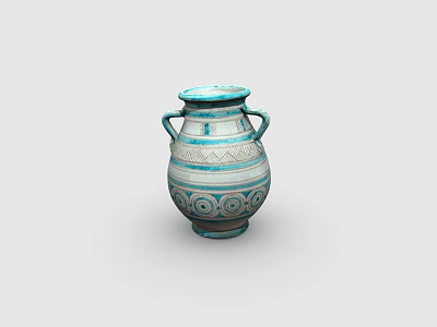Elegant Blue and White Ceramic Vessel with Intricate Patterns and Dual Handles Classical Design 3d model