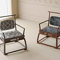 Two Chinese Style Dining Chairs With Wooden Frame And Patterned Gray Blue Cushions