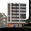 Modern Multi Storey Residential Building Exterior With Orange Black Windows And Wooden Entrance