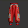 Red Decorative Pants With Floral Patterns And Waist Belt Design