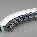 Curved Office Desk With White Surface Black Frame And Blue Chairs For Professional Workspace