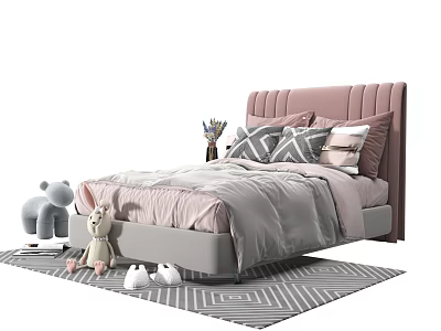 Cozy Kids Bed with Pink Upholstered Headboard Gray Pink Linens Stuffed Toys and Geometric Rug 3d model