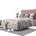 Cozy Kids Bed with Pink Upholstered Headboard Gray Pink Linens Stuffed Toys and Geometric Rug