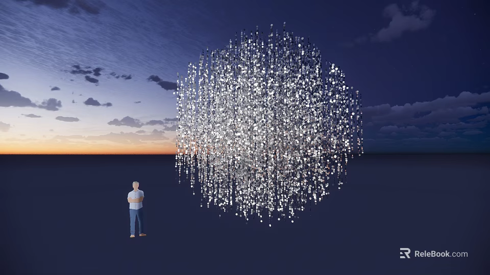 Giant Light Cube Stage Against Sunset Sky With Clouds And Standing Figure 3d model