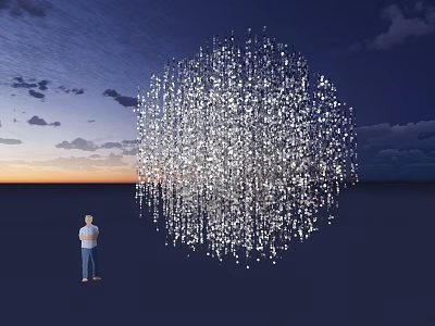 Giant Light Cube Stage Against Sunset Sky With Clouds And Standing Figure 3d model