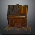 Vintage Wooden Piano Covered With Cloth On Scattered Wooden Planks
