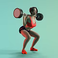 Woman Squatting Lifting Barbell in Red Sports Bra Dark Shorts Orange Sneakers Light Blue Background