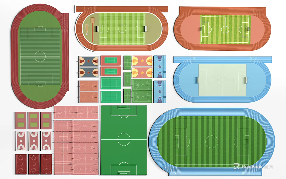 Soccer Field Various Design Layouts With Colored Surfaces And Different Shapes 3d model 