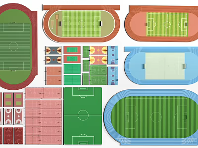 Soccer Field Various Design Layouts With Colored Surfaces And Different Shapes 3d model