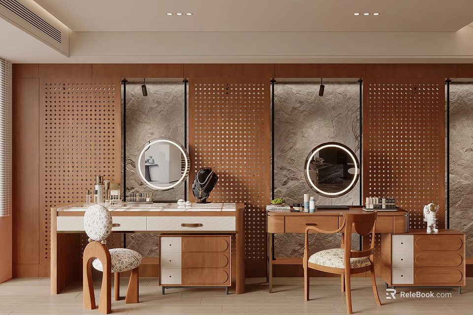 Elegant Wooden Dressing Tables With Round Mirrors And Padded Chairs Interior Design 3d model 