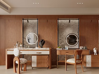 Elegant Wooden Dressing Tables With Round Mirrors And Padded Chairs Interior Design 3d model