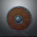 Round Wooden Shield With Blue Metal Rim Central Metal Boss And Rune Patterns