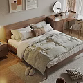 Modern Bedroom Interior With Wooden Bed Pillows Quilt Nightstand And Dressing Table