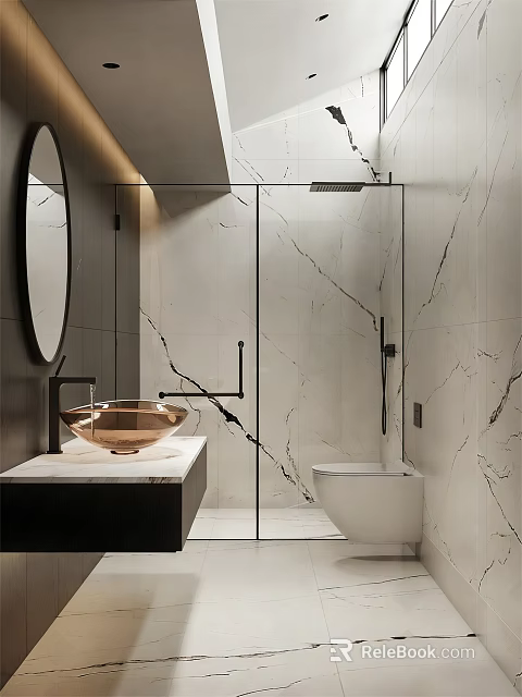 Modern Bathroom Interior With Marble Walls Glass Shower Round Mirror Gold Sink And White Toilet 3d model 