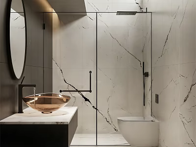 Modern Bathroom Interior With Marble Walls Glass Shower Round Mirror Gold Sink And White Toilet 3d model