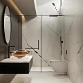 Modern Bathroom Interior With Marble Walls Glass Shower Round Mirror Gold Sink And White Toilet