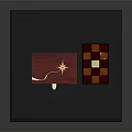 Elegant Decorative Ornament Set With Red Wooden Box Golden Decoration And Colorful Squares On Blue Tabletop