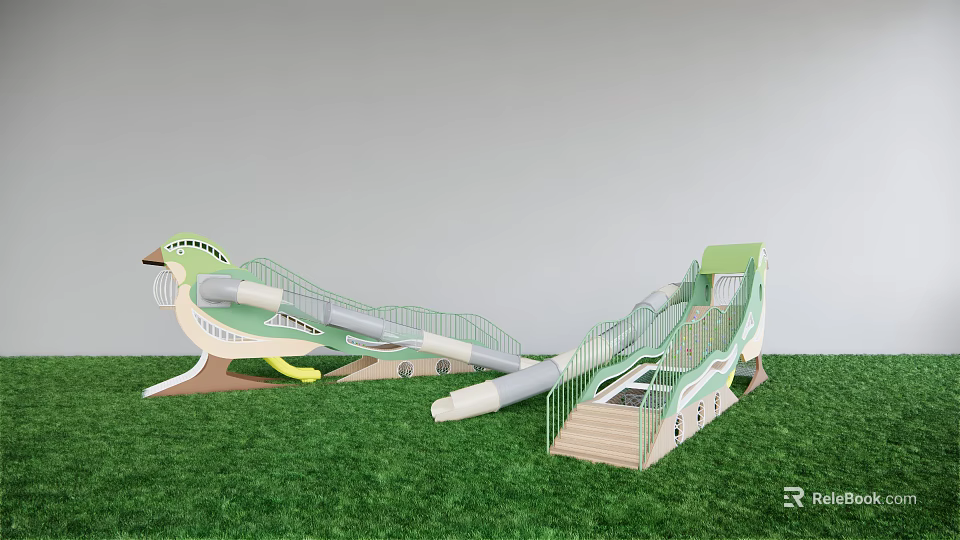 Green Animal Shaped Playground Equipment With Slides And Stairs On Grass 3d model 