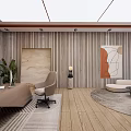 Modern Office Interior With Orange Walls Wooden Striped Panels Art Paintings Desk Chair And Plants