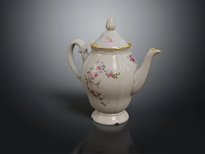 White Ceramic Teapot With Pink Floral Patterns And Gold Trim On Dark Background 3d model
