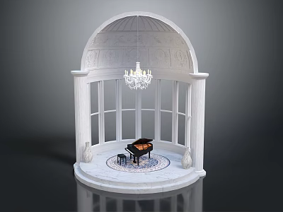 Classic Black Piano in White Arched Structure with Crystal Chandelier and Decorative Windows 3d model