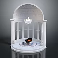 Classic Black Piano in White Arched Structure with Crystal Chandelier and Decorative Windows