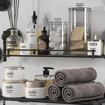 Stylish Bathroom Set With Metal Shelf Aromatherapy Bottles Storage Jars And Grey Towels 3d model
