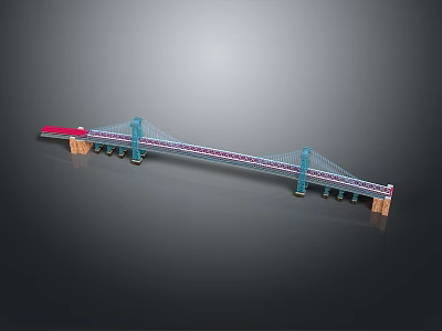 Detailed Suspension Bridge Model Structure With Blue Towers Red Deck And Support Columns 3d model