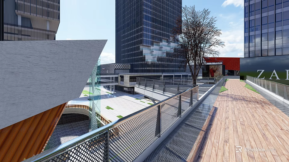 Modern Shopping Mall Lobby With Glass Walls Wooden Deck And Metal Railing 3d model 