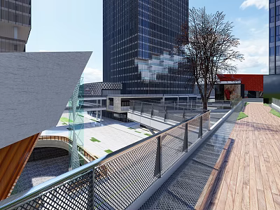 Modern Shopping Mall Lobby With Glass Walls Wooden Deck And Metal Railing 3d model