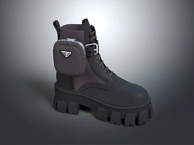 Black Chunky Sole Boots With Side Pouch And Lace Up Design 3d model