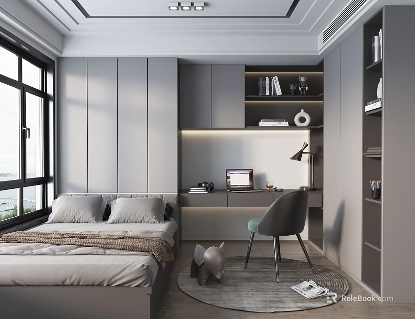 Tatami Bedroom Modern Style With Gray Bed Desk Chair And Bookshelf By Window 3d model 