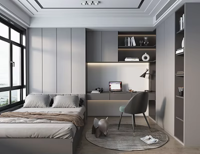 Tatami Bedroom Modern Style With Gray Bed Desk Chair And Bookshelf By Window 3d model
