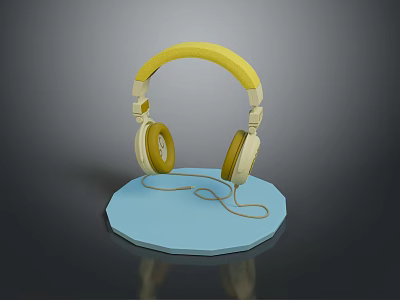Yellow Headband Headphones With White Earpads On Blue Circular Base Gray Background 3d model