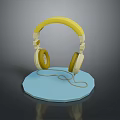 Yellow Headband Headphones With White Earpads On Blue Circular Base Gray Background