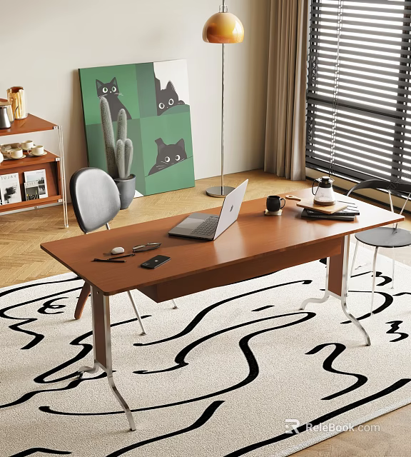 Modern Brown Desk And Chair Set With Laptop Phone Green Cat Art And Wooden Floor 3d model 