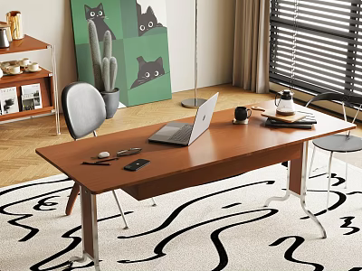 Modern Brown Desk And Chair Set With Laptop Phone Green Cat Art And Wooden Floor 3d model