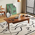 Modern Brown Desk And Chair Set With Laptop Phone Green Cat Art And Wooden Floor