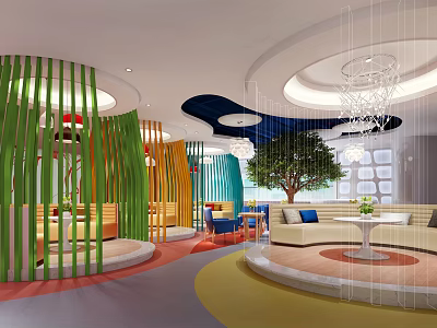 Colorful Leisure Area Interior Design With Green Partitions Sofa Round Tables And Chandeliers 3d model