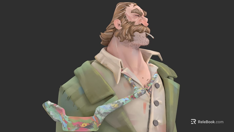 Hairy Male Game Movie Character With Smoking Cigarette Green Coat And Colorful Tie 3d model 