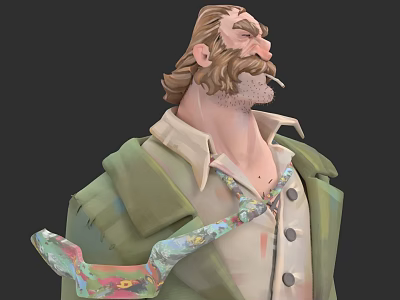 Hairy Male Game Movie Character With Smoking Cigarette Green Coat And Colorful Tie 3d model