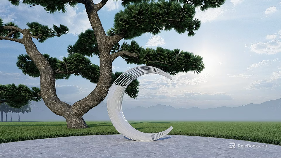 White Curved Sculpture By Tall Tree On Slab Pavement With Grassland Mountains And Blue Sky 3d model 