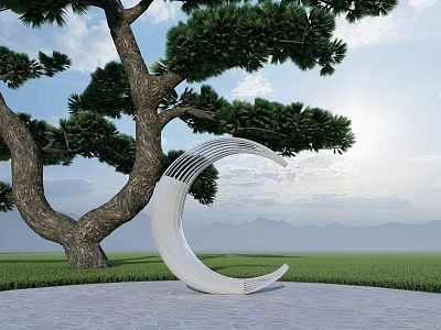 White Curved Sculpture By Tall Tree On Slab Pavement With Grassland Mountains And Blue Sky 3d model