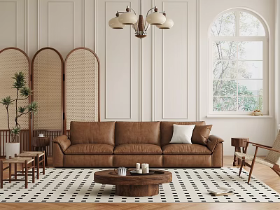 Elegant Modern Living Room Interior With Brown Sofa Black White Geometric Rug And Arched Window 3d model