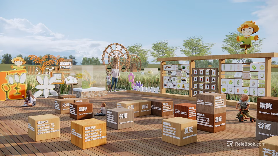 Vibrant Park Landscape With Wooden Deck Boxes Ferris Wheel Trees Display Boards And People Activities 3d model 